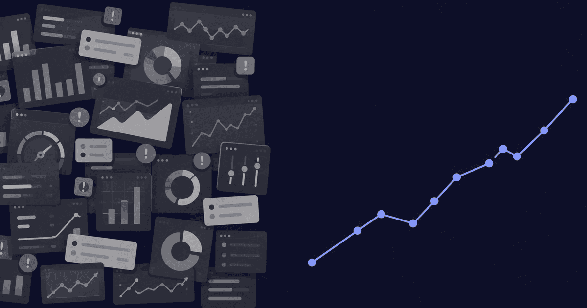 A wall of cluttered grey dashboards on the left, and a single clean ascending line graph on the right