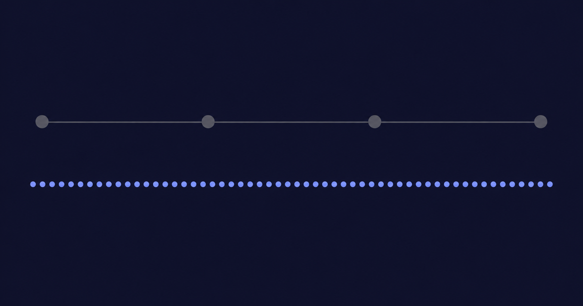 Two timelines: four widely spaced grey dots above, fifty-two closely spaced blue dots below