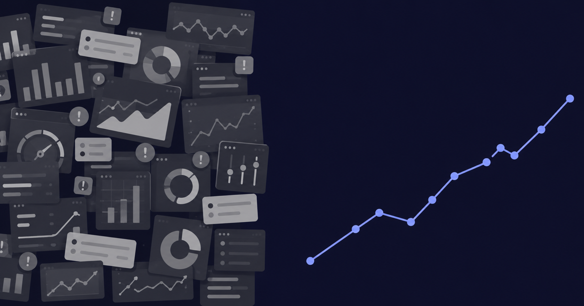 A wall of cluttered grey dashboards on the left, and a single clean ascending line graph on the right